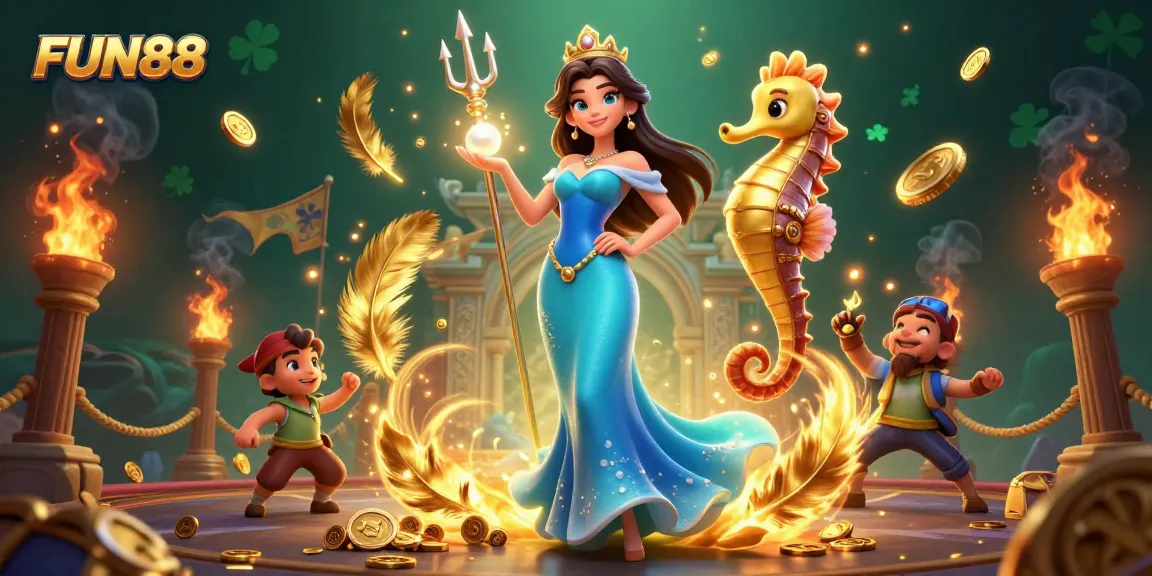 Play exciting casino games with FUN88, featuring vibrant colors and engaging characters in a fantasy setting.