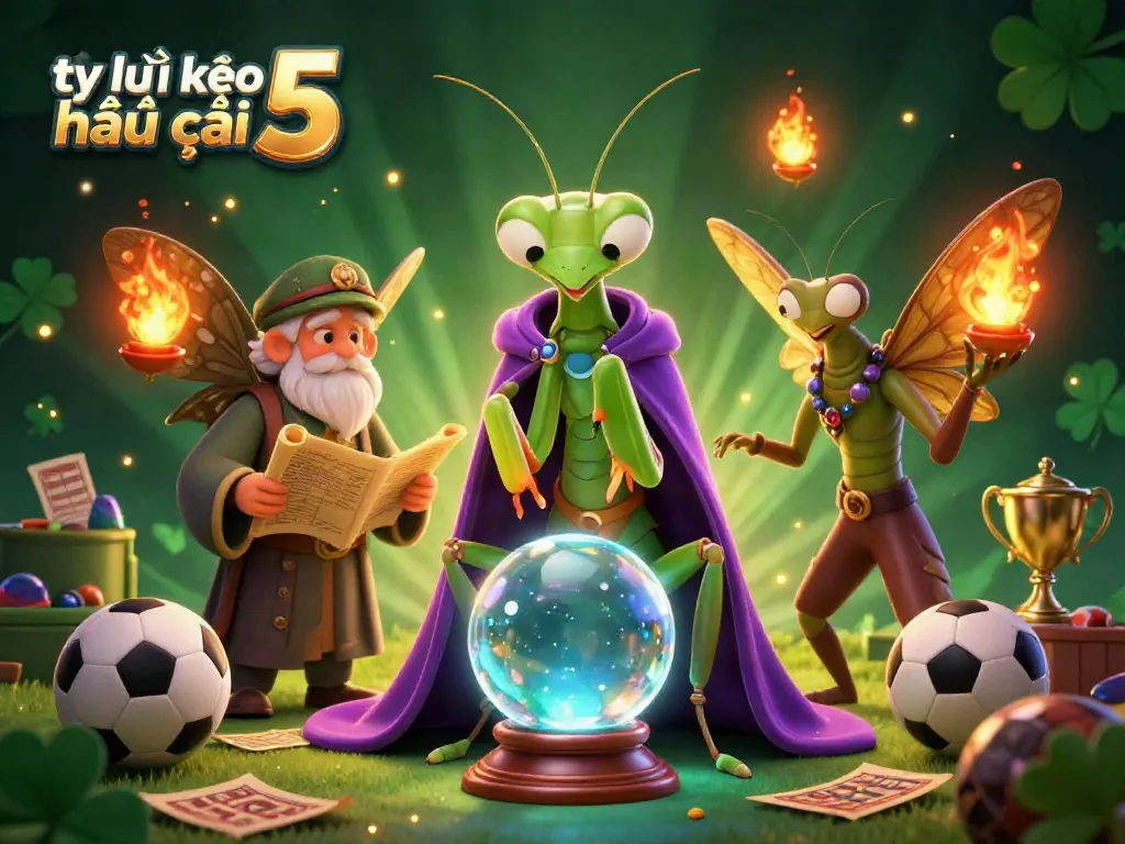 Bet on tỷ lệ kèo nhà cái 5 with vibrant 3D sports betting elements and whimsical characters.