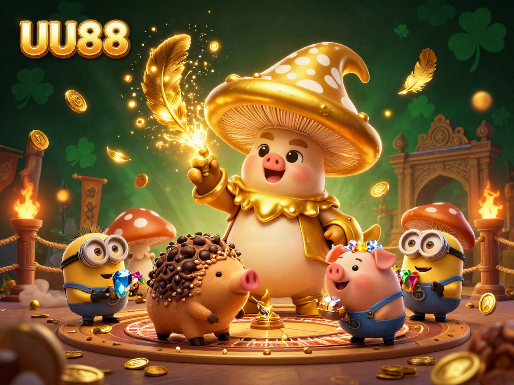 Engage in the thrill of UU88's live casino with a magical golden mushroom wizard and treasures.