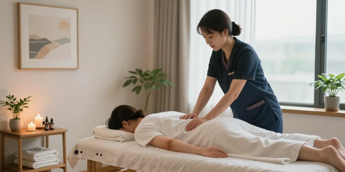 성남출장마사지 서비스를 받는 모습, 편안한 환경에서 관리사가 고객을 돌보고 있음