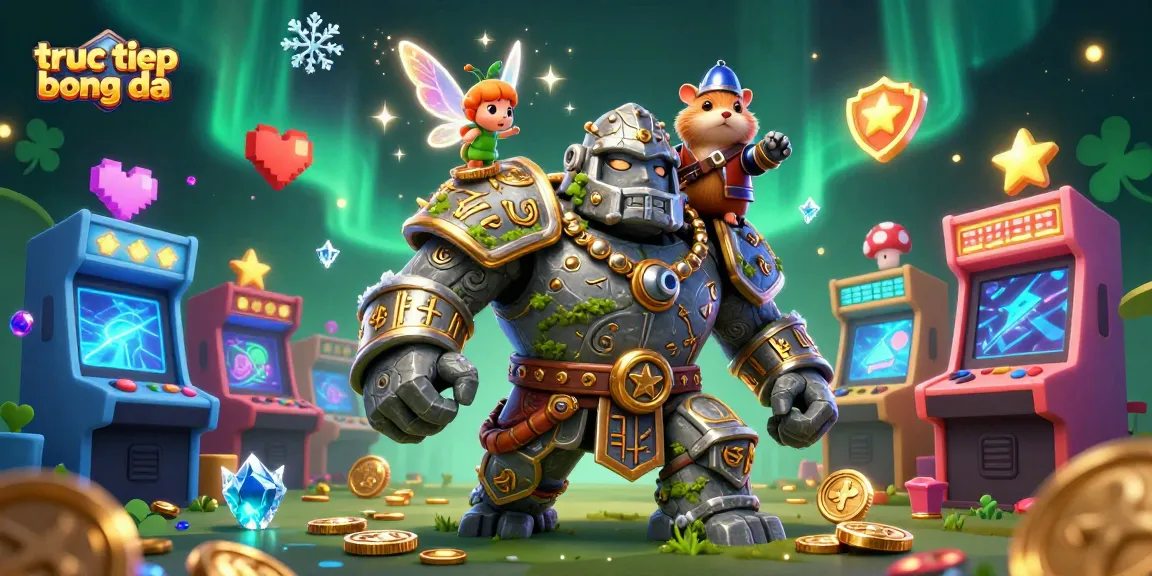 Experience truc tiep bong da with enchanting golem and knight amid vibrant gaming elements.