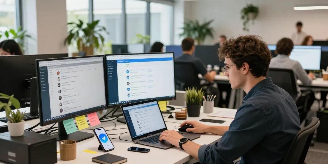 Engagement with Telegram Web Version in a collaborative workspace setting, showcasing modern tech productivity.