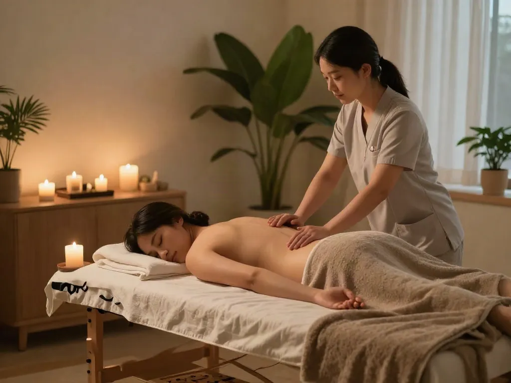 Client enjoying a 마포출장마사지 in a serene wellness setting.