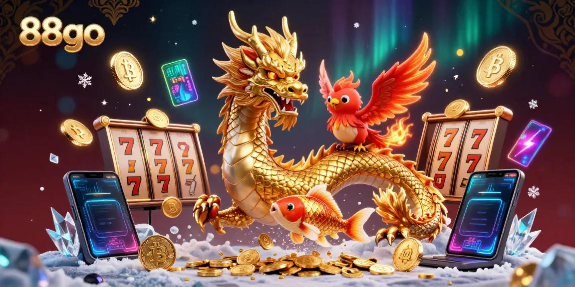 Experience the excitement of 88go with a vibrant 3D casino scene showcasing dragon, phoenix, and koi amidst gaming elements.