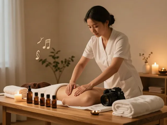 마포출장마사지 전문 테라피스트가 아늑한 방에서 마사지 오일을 준비하는 모습
