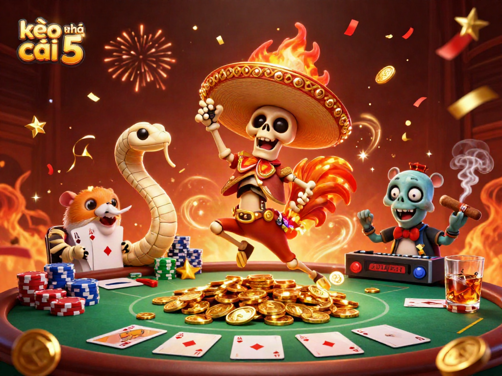 Experience the thrill of kèo nhà cái 5 with vibrant characters celebrating amidst dynamic poker elements.