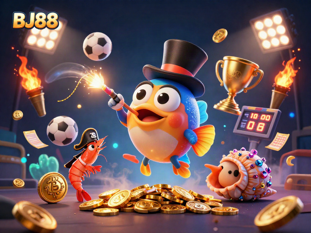 Engage with BJ88 in this vibrant casino-themed 3D illustration showcasing characters and dynamic gaming elements.