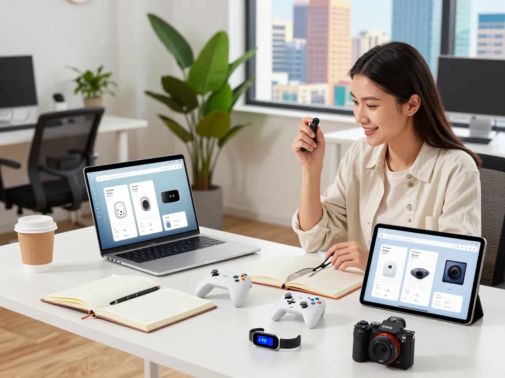 Innovative tech gadgets displayed in a modern workspace, showcasing Bluetooth devices like smartwatches and game controllers.