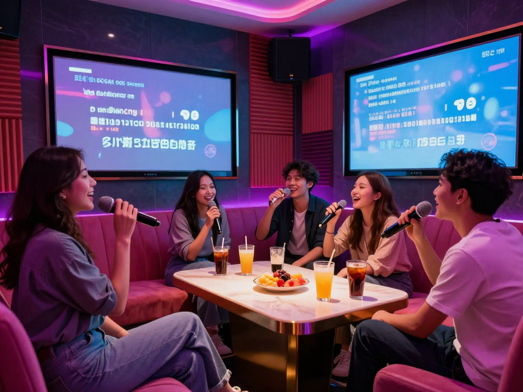 gangnam-karaoke.kr에서 즐거운 친구들과 함께하는 고급 가라오케 룸 모습