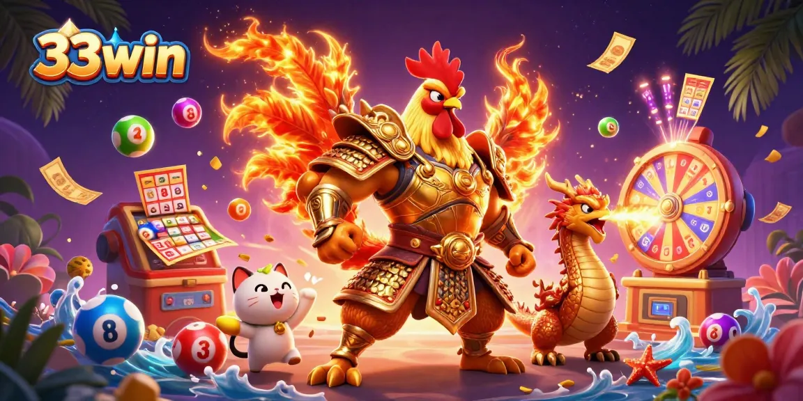 Immerse yourself in 33win's vibrant world of online casinos featuring a brave rooster warrior and dragon.