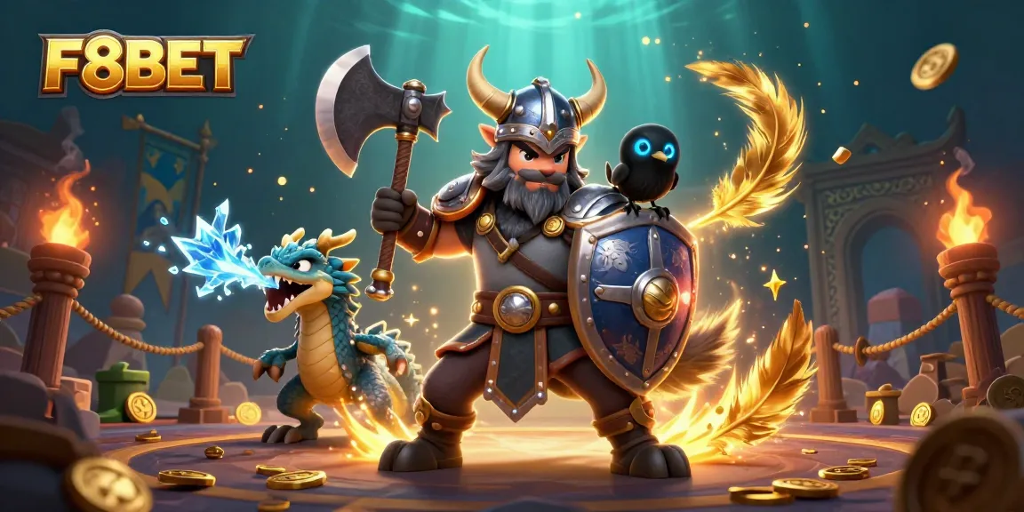 Experience thrilling gameplay at F8BET with a vibrant scene featuring a Viking warrior, fierce dragon, and glowing raven.