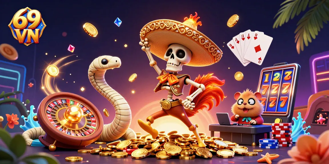 Spin and win with dynamic characters celebrating on golden coins at 69 VN casino.